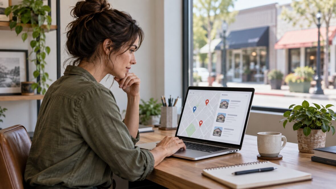 Small-business owner reviewing a generic local-search map