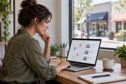 Small-business owner reviewing a generic local-search map