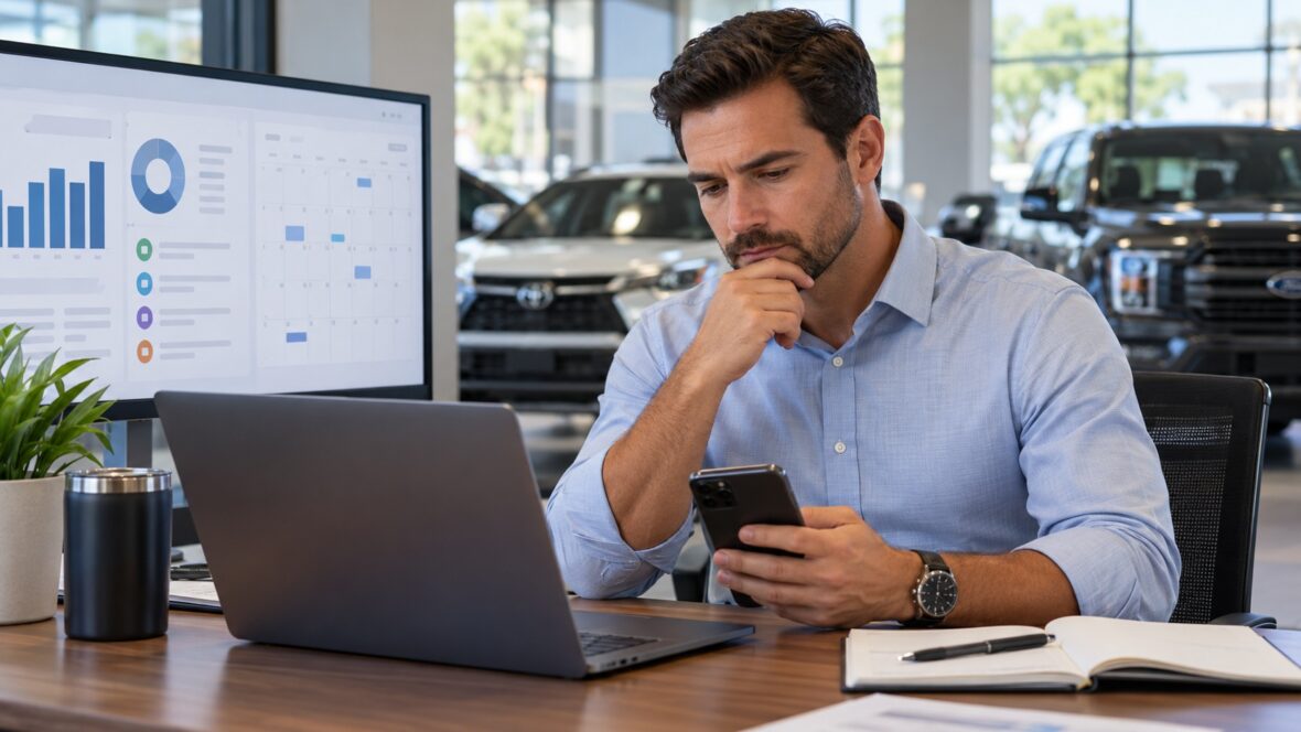 Dealership analyst reviewing a smartphone beside marketing dashboards.