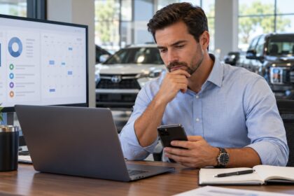 Dealership analyst reviewing a smartphone beside marketing dashboards.