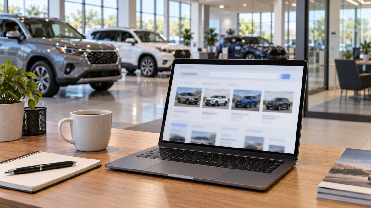 Laptop showing vehicle search ads on a desk in a car dealership office
