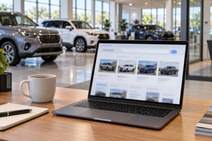 Laptop showing vehicle search ads on a desk in a car dealership office